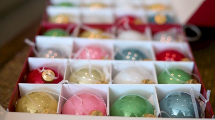 View of shiny, colorful Christmas tree balls in a box