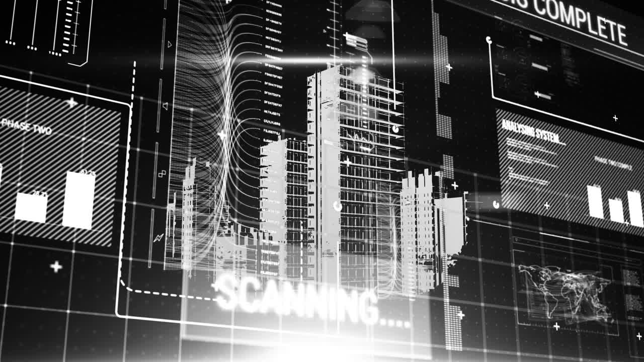 animación del procesamiento de datos financieros sobre el paisaje urbano