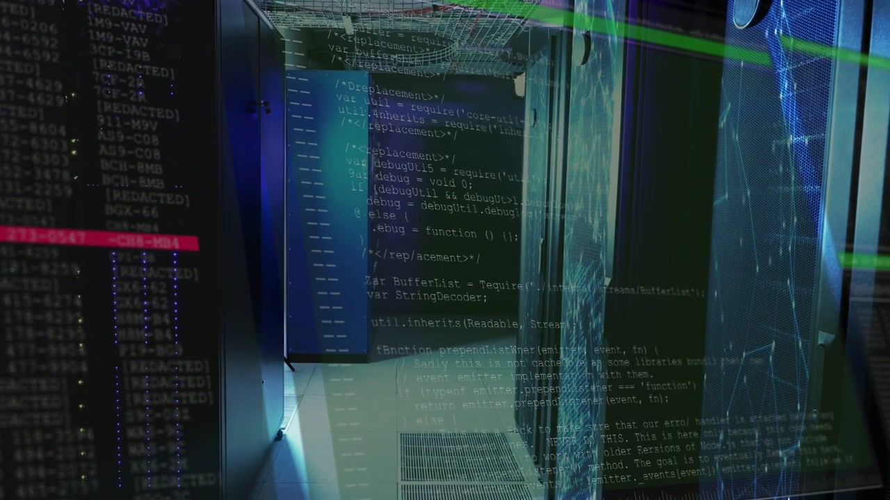 Central server aisle holding after one second code overlays appearing scrolling showing live data