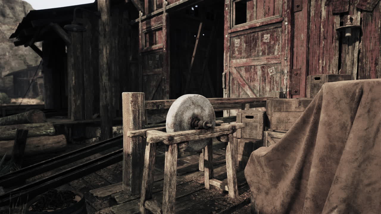 montado en un marco de madera de una vieja piedra de molienda