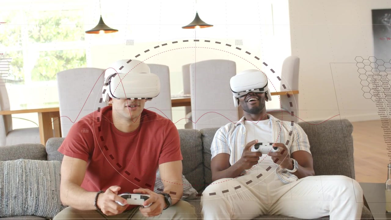 Two men pressing controllers on couch in headsets and causing animated rings over heads for gaming