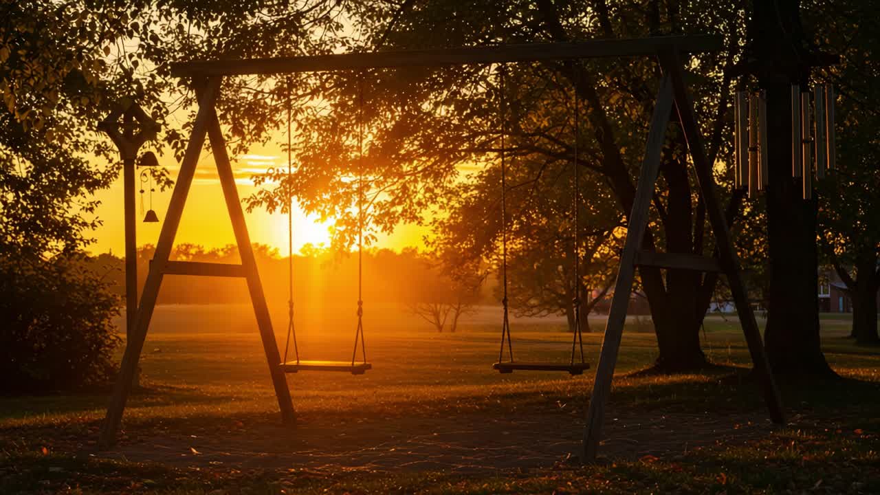 A tranquil sunset scene featuring a wooden swing set silhouetted against the golden sky, creating a peaceful atmosphere perfect for relaxation and contemplation