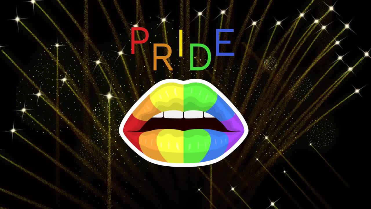 animación de orgullo texto arco iris y labios con fuegos artificiales explotando sobre fondo negro