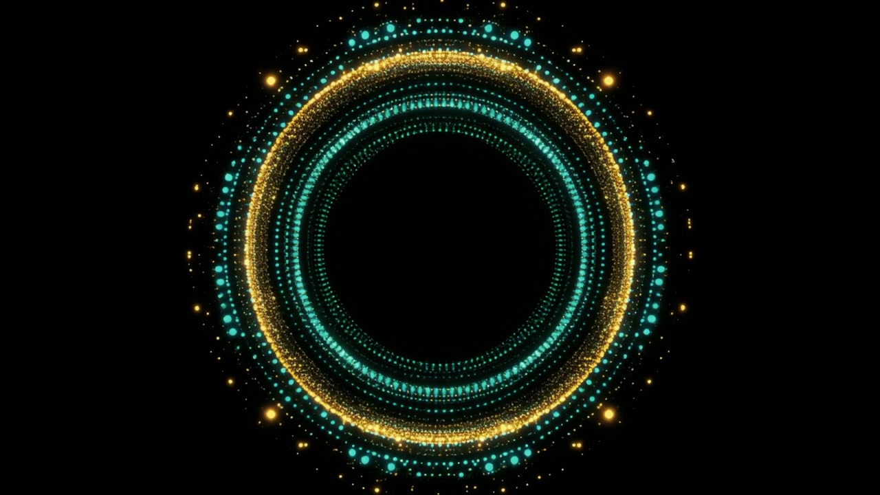 Abstract Glowing Particle Rings Rotating on Black Background