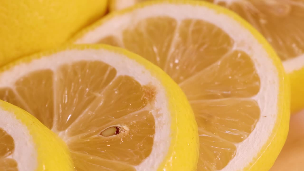 Detailed view of vibrant lemon slices arranged closely together, showcasing their juicy texture and bright yellow color.