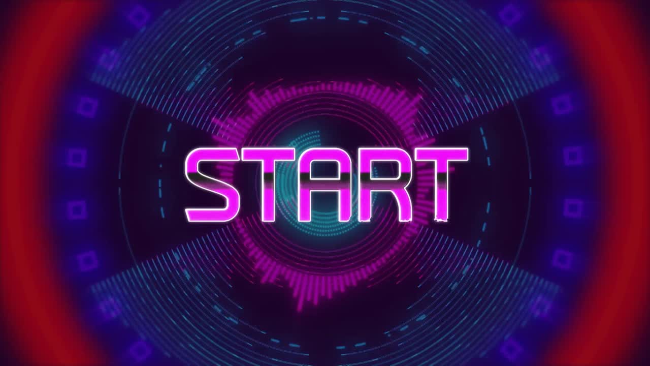 animación del texto de inicio sobre círculos de colores en movimiento sobre un fondo oscuro