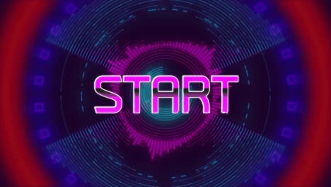 Animation-of-start-text-over-moving-colorful-circles-on-dark-background