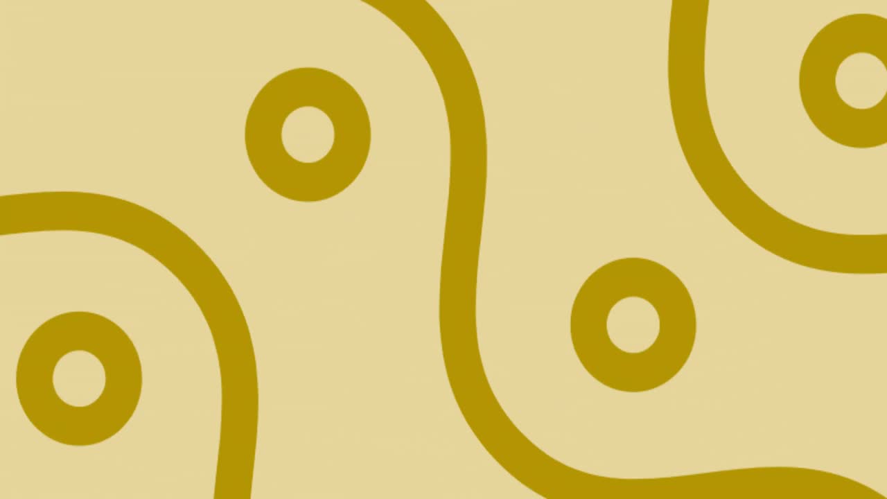 Animation of gold pattern of wavy lines and circles scrolling seamlessly on beige background