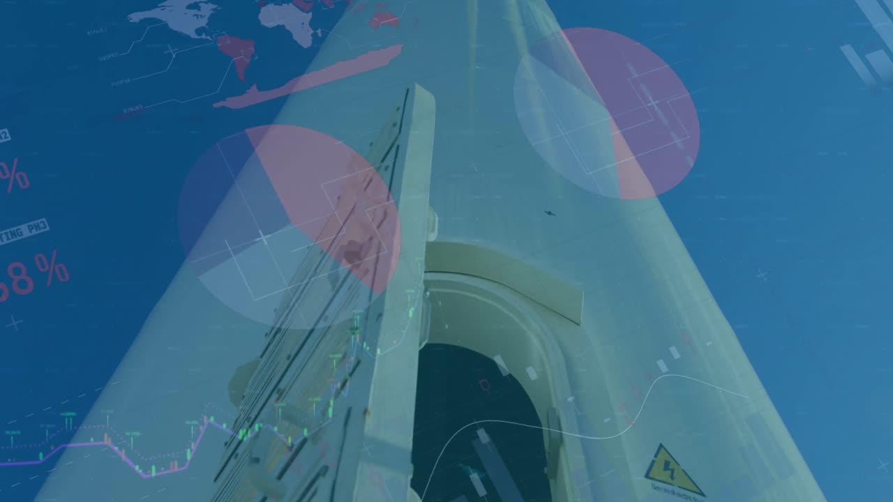 블루 배경에 풍력 터빈과 엔지니어에 대한 통계 및 데이터 처리의 애니메이션