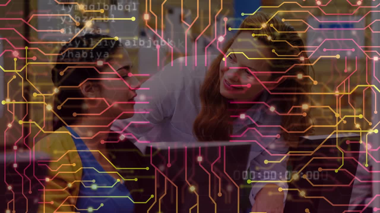 Tutor pointing at laptop in education guiding student watching screen, circuit overlaying timecode