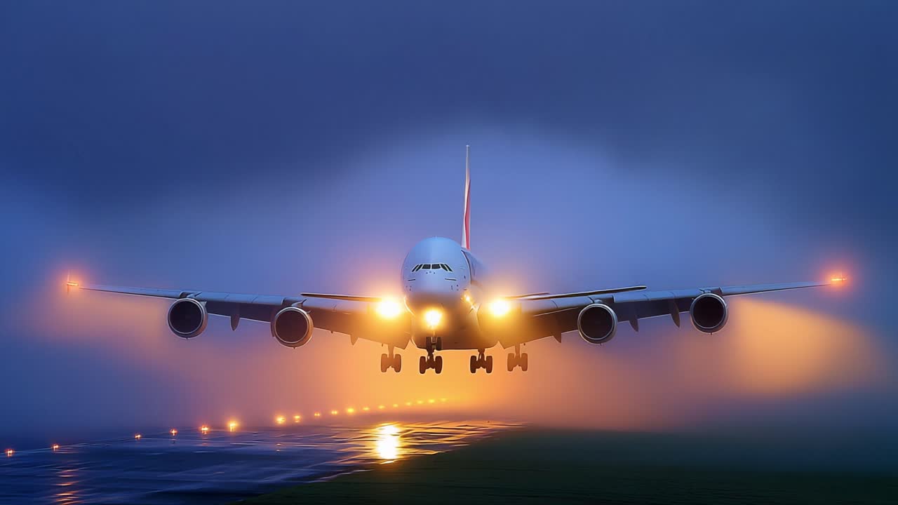 Mysterious Night Landing: A Massive Aircraft Navigates Through Dense Fog with Dazzling Lights Illuminating the Runway, Creating an Impressive and Atmospheric Scene in a Twilight Sky