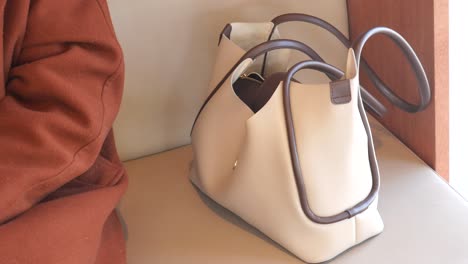 elegant cream and brown handbag on a sofa