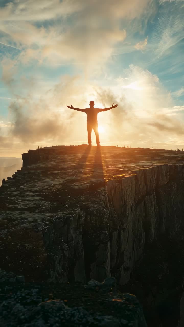 Vertical video: Stepping hiker on cliff in gear arms out stepping in as camera closing sun flaring