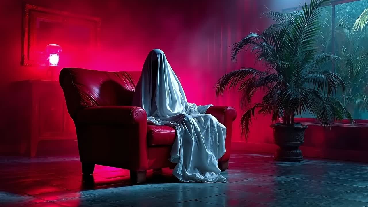 A person sitting in a red chair in a dark room