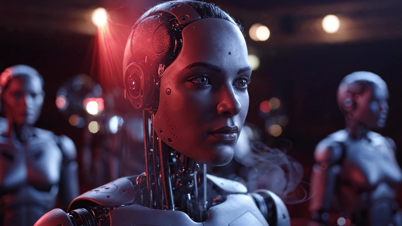 Splendide figure robotiche mostrano intelligenza artificiale avanzata in una performance accattivante, mettendo in mostra caratteristiche realistiche e un design intricato in un ambiente futuristico.