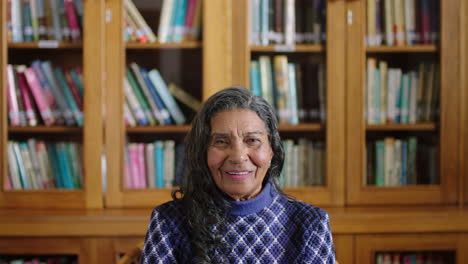 Library,-elderly-woman-and-portrait-smile