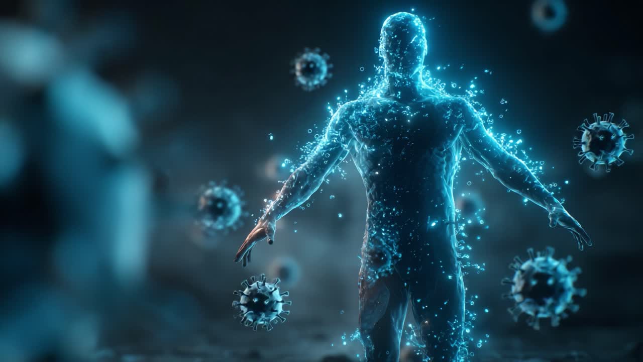 En lysende menneskefigur omgivet af funklende mikrobielle enheder, der repræsenterer interaktionen mellem menneskeheden og usynlige patogener i et digitalt rige