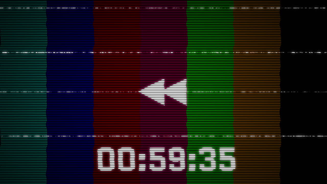 Retro TV Color Bars with Rewind Symbol and Glitch Countdown