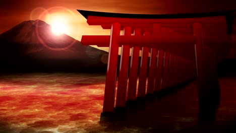 red torii gates in japan, mt fuji from lake, loop animation,