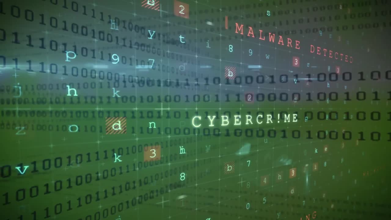 Animation of cyber attack warning over data processing on yellow background