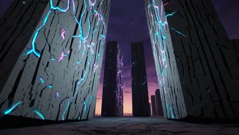 futuristic portal through cracked stone pillars at sunset