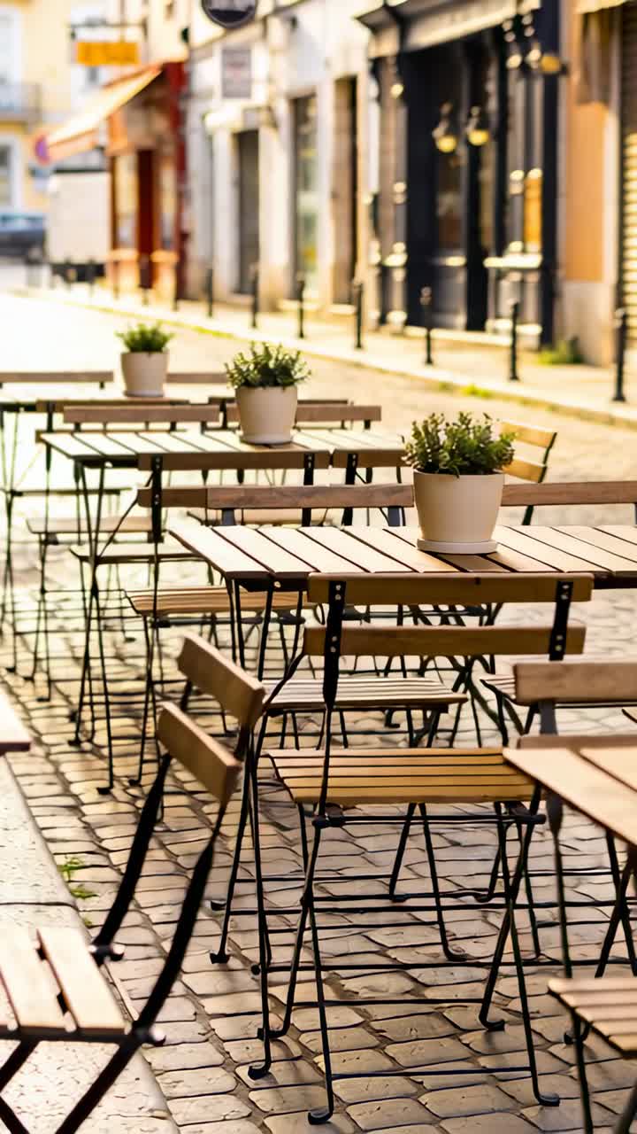 Video verticale: Telecamera che panoramica lentamente lungo la terrazza di un caffè, rivelando tavoli da bistrò, sedie e negozi.