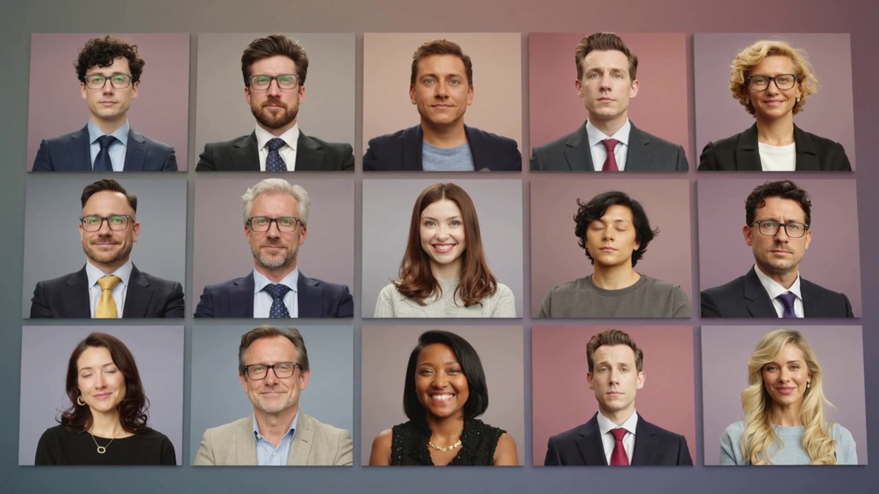 Connecting call showing 15-person team shifting and smiling in meeting grid, in suits and glasses