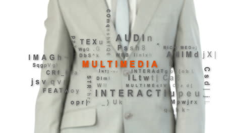 businessman touching the word multimedia