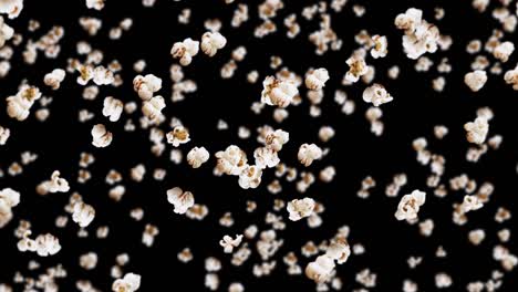 flying many popcorns on black background. white salty popcorn. healthy food. corn seed. 3d loop animation of popcorn rotating.