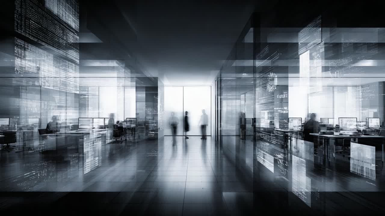A Breathtaking Visual Representation of a Modern Office Environment, Featuring Silhouetted Figures and a Dynamic Blend of Light and Shadow During a Busy Workday