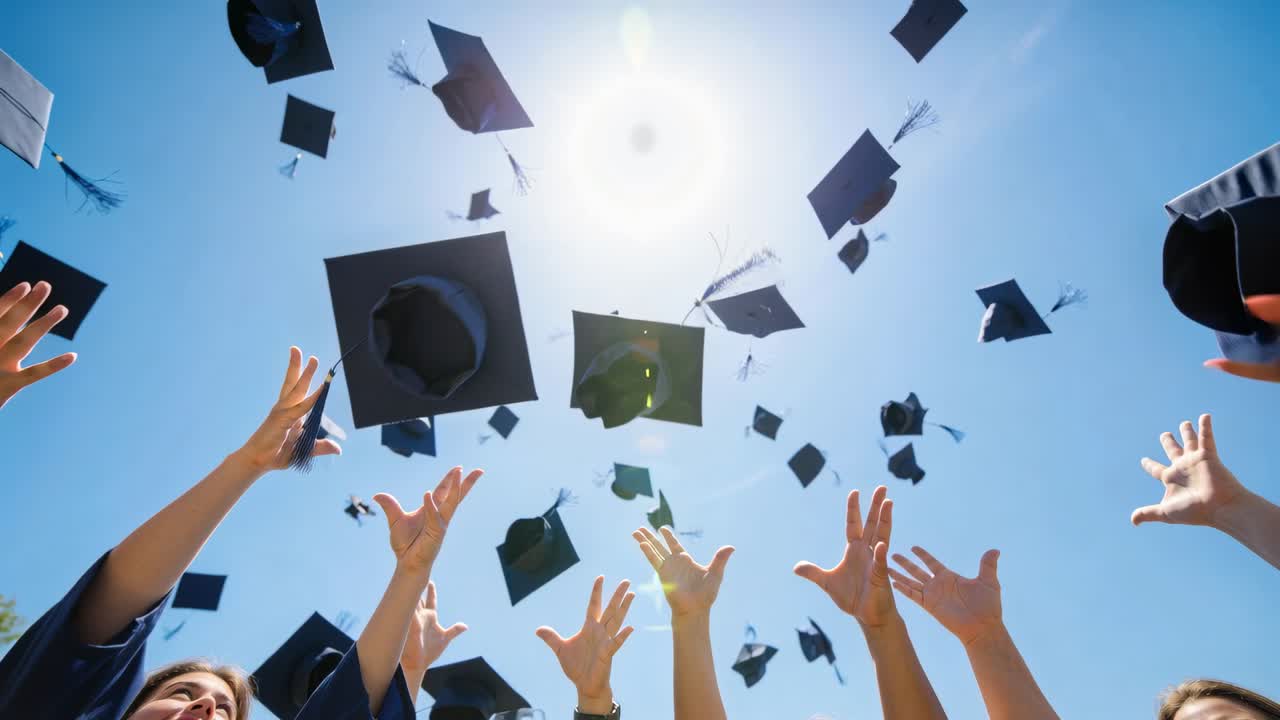 Laureati in toche scure che lanciano i berretti verso l'alto dopo la cerimonia all'aperto, con le nappe che svolazzano