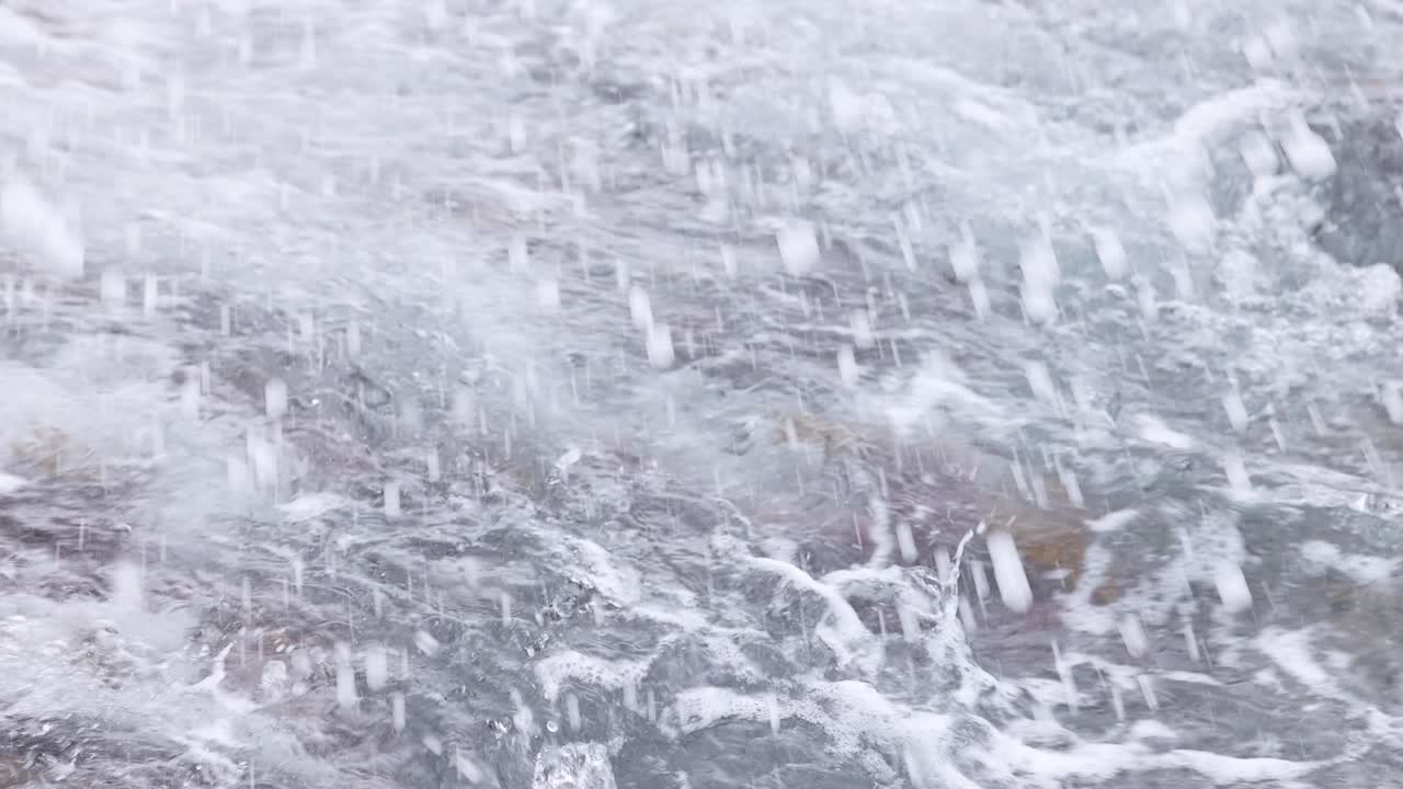 Dynamic ocean waves crash against a rocky, seaweed-covered shore. Captured with natural lighting, showcasing the power of nature