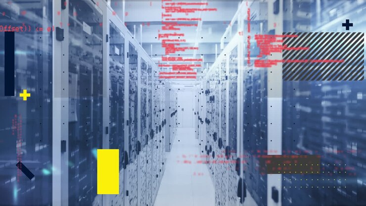 Animation of abstract shapes and data processing over mosaic squares against computer server room