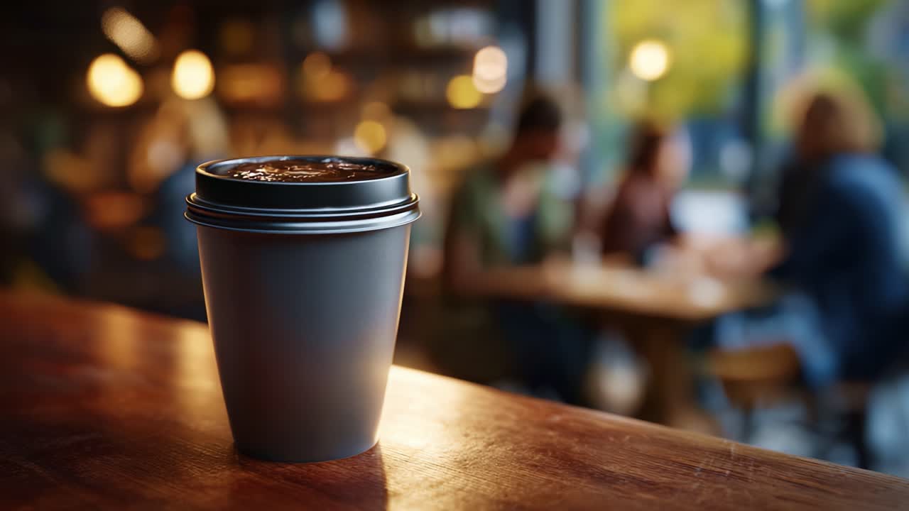 Uma xícara de café quente em uma mesa de madeira, cercada pela atmosfera aconchegante de um café, com pessoas conversando e iluminação suave em um ambiente relaxante