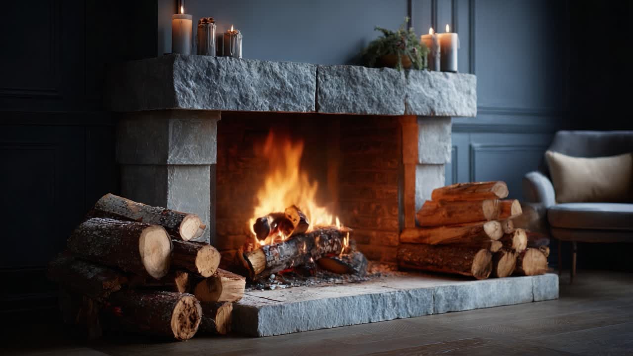 Cozy Fireplace with Warm Flames and Wooden Logs Creating an Inviting Atmosphere for Relaxation and Comfort in a Stylish Living Room Setup