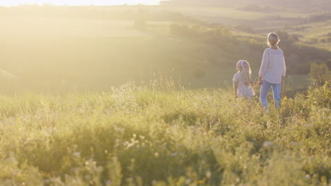 young cute woman walking with little daughter over the field looking at green meadow on sunset backg