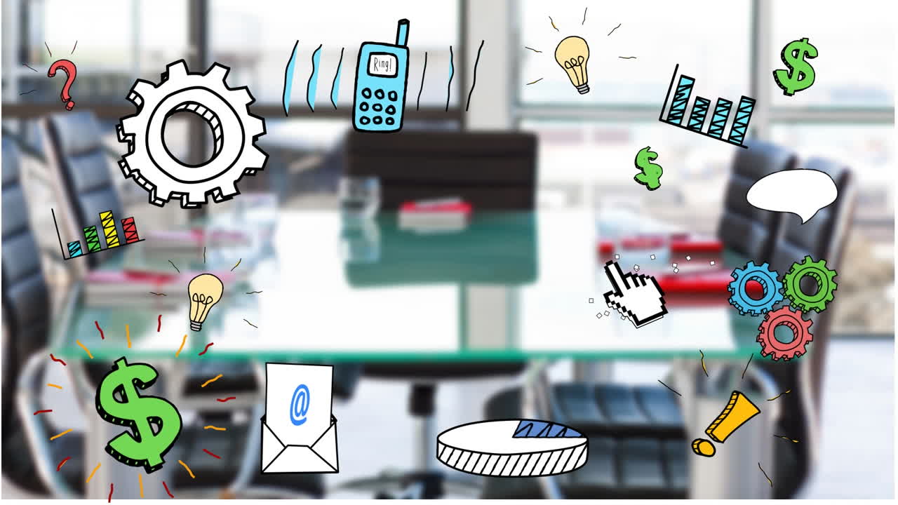 사무실의 회의실 위에 비즈니스 아이콘의 애니메이션