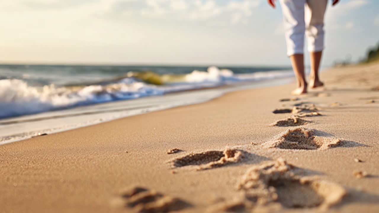 Low-angle video frame of footsteps in sand, capturing a serene beach walk