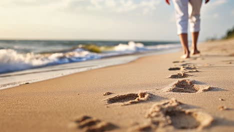 low-angle video frame of footsteps in sand, capturing a serene beach walk