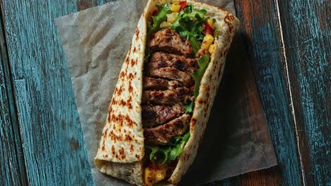 delicious burrito with grilled meat and vegetables