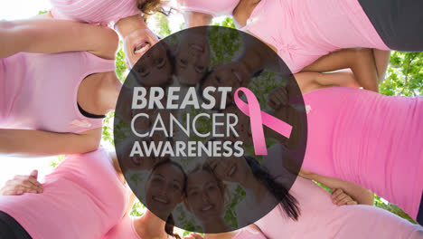 Animation-of-pink-ribbon-logo-with-breast-cancer-text-over-diverse-group-of-smiling-women