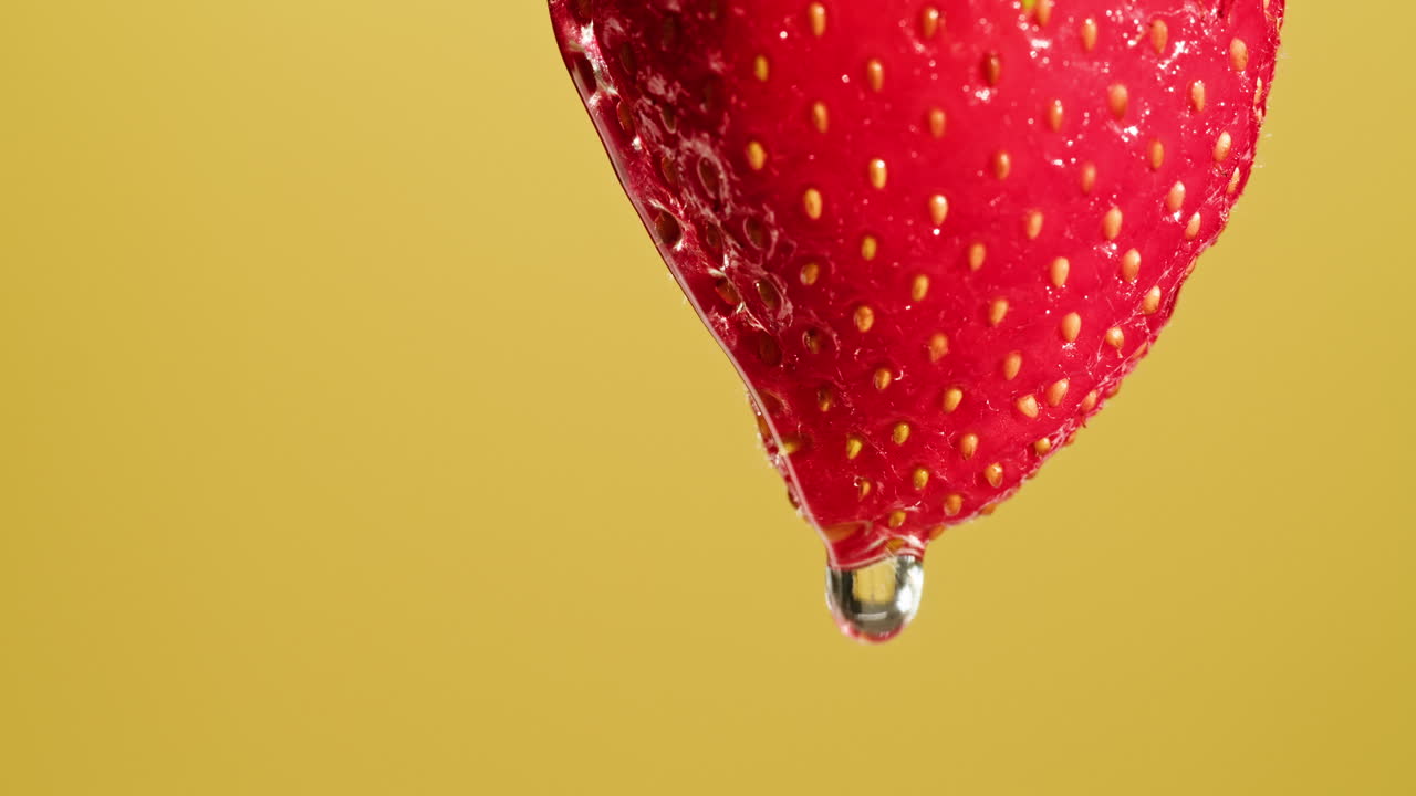 Closeup of a wet strawberry with water droplet