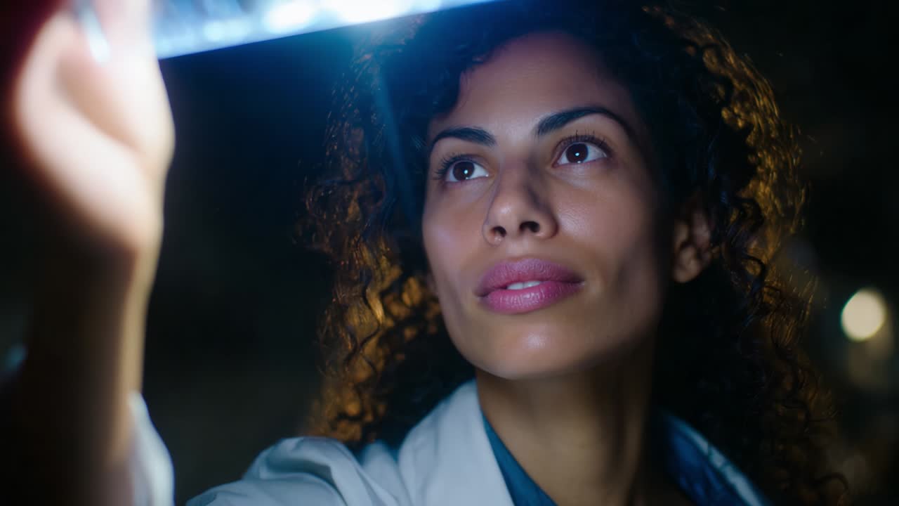 A dedicated researcher examines a glowing sample under controlled conditions, showcasing her focus and passion for discovery while highlighting the state-of-the-art laboratory environment in the background