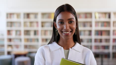 books, research and library with face of woman
