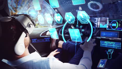 Animation-of-digital-icons-over-businessman-wearing-vr-headset-in-self-driving-car