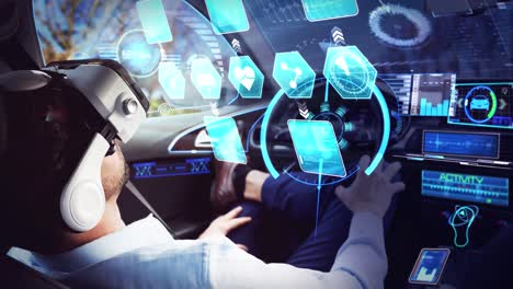 animación de iconos digitales sobre un hombre de negocios que usa auriculares vr en un coche autónomo