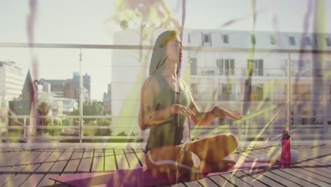 animation of plants over biracial woman practicing yoga