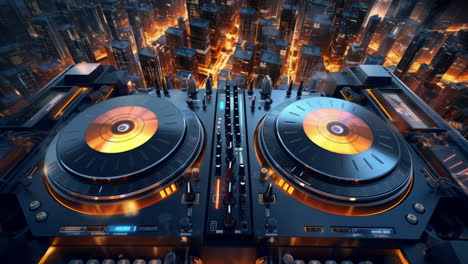 eine cyberpunk-stadt-skyline mit dj-tunrtables