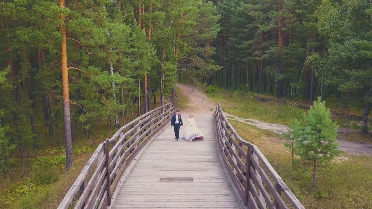 신부 와 신랑 은 소나무 숲 에 대항 한 다리 를 걸어다니고 있다