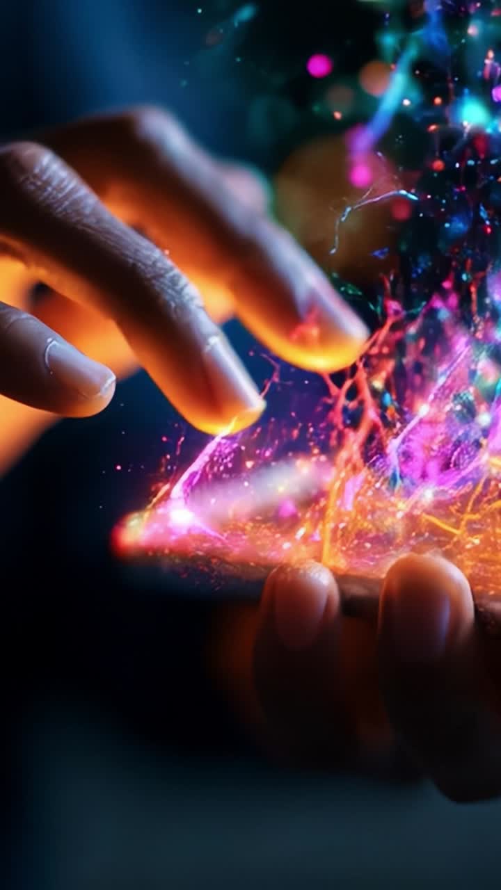 A hand interacts with a glowing smartphone displaying vibrant colorful particles and digital elements, illustrating a futuristic technology experience with engaging visuals